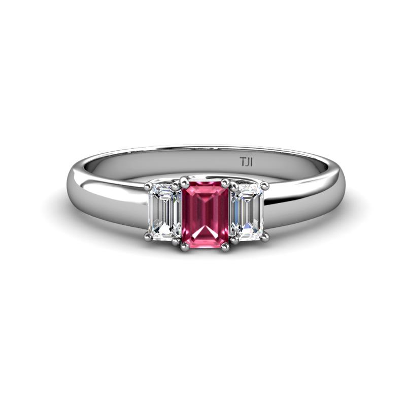 Sharon 6x4 mm Emerald Cut Pink Tourmaline and Diamond Trellis Three Stone Engagement Ring 