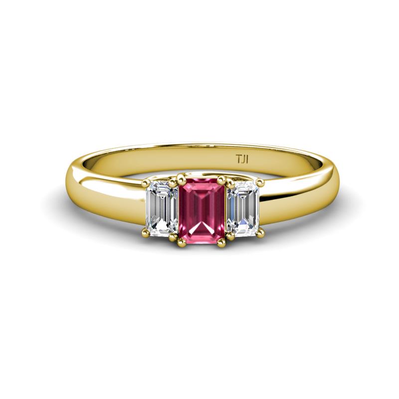 Sharon 6x4 mm Emerald Cut Pink Tourmaline and Diamond Trellis Three Stone Engagement Ring 