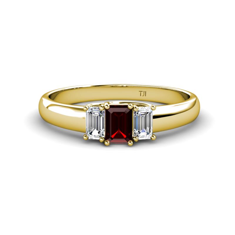 Sharon 6x4 mm Emerald Cut Red Garnet and Diamond Trellis Three Stone Engagement Ring 