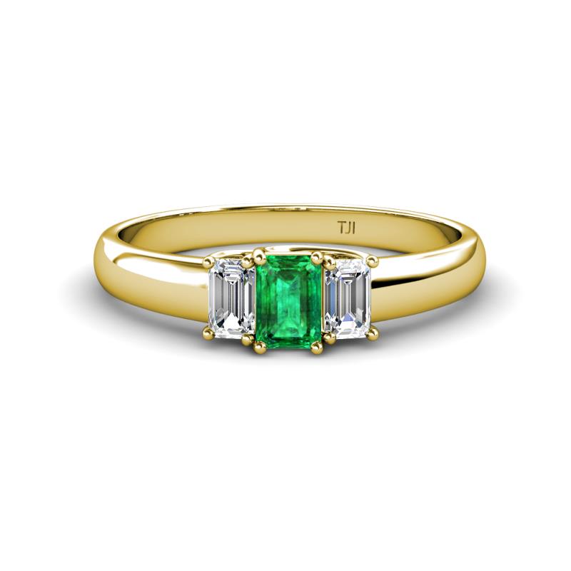 Sharon 6x4 mm Emerald Cut Emerald and Diamond Trellis Three Stone Engagement Ring 