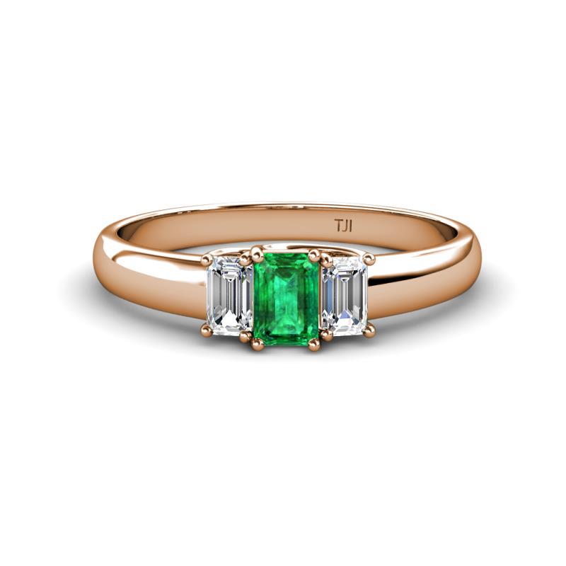 Sharon 6x4 mm Emerald Cut Emerald and Lab Grown Diamond Trellis Three Stone Engagement Ring 