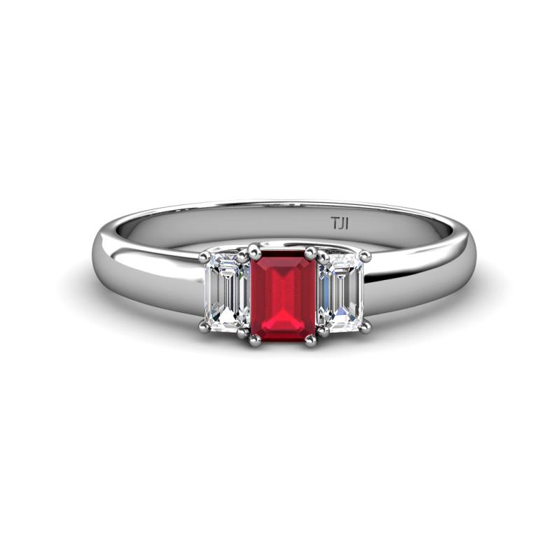 Sharon 6x4 mm Emerald Cut Ruby and Lab Grown Diamond Trellis Three Stone Engagement Ring 