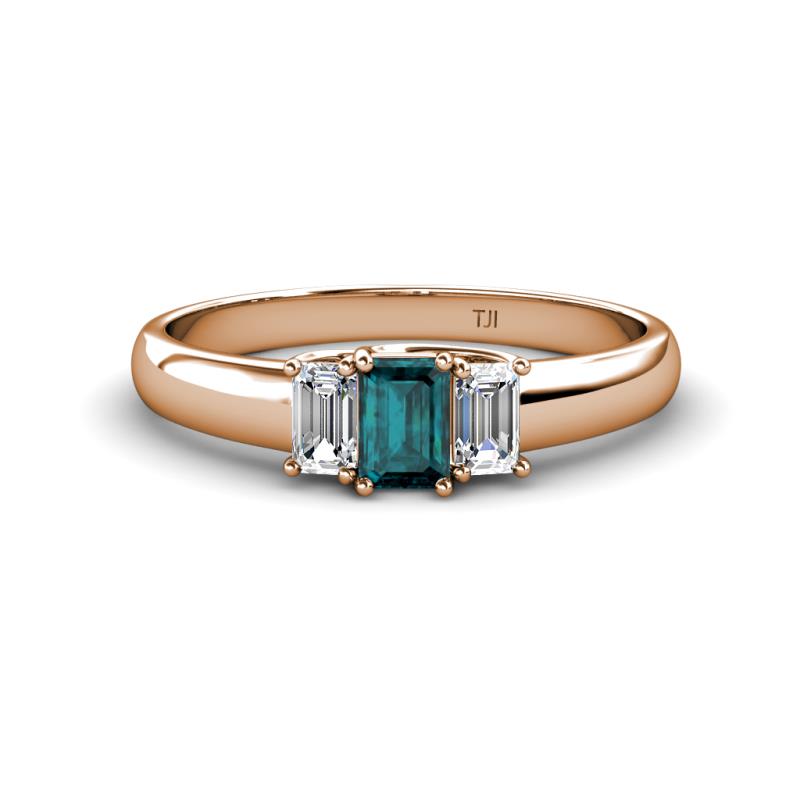 Sharon 6x4 mm Emerald Cut London Blue Topaz and Lab Grown Diamond Trellis Three Stone Engagement Ring 