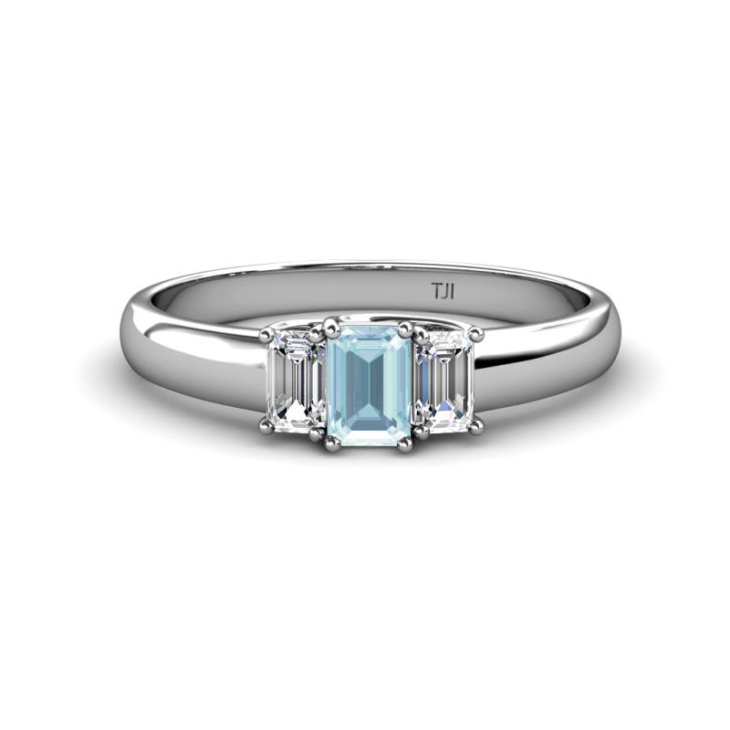 Sharon 6x4 mm Emerald Cut Aquamarine and Lab Grown Diamond Trellis Three Stone Engagement Ring 