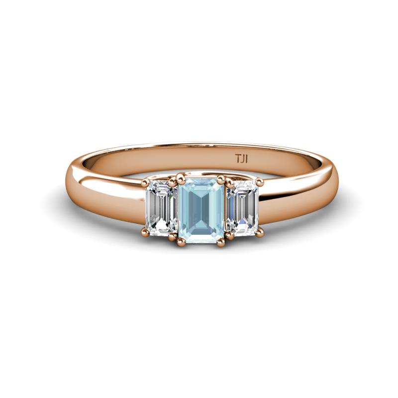 Sharon 6x4 mm Emerald Cut Aquamarine and Lab Grown Diamond Trellis Three Stone Engagement Ring 