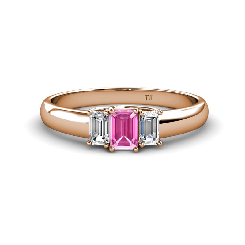 Sharon 6x4 mm Emerald Cut Pink Sapphire and Lab Grown Diamond Trellis Three Stone Engagement Ring 