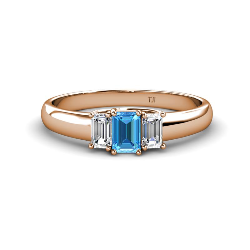 Sharon 6x4 mm Emerald Cut Blue Topaz and Lab Grown Diamond Trellis Three Stone Engagement Ring 