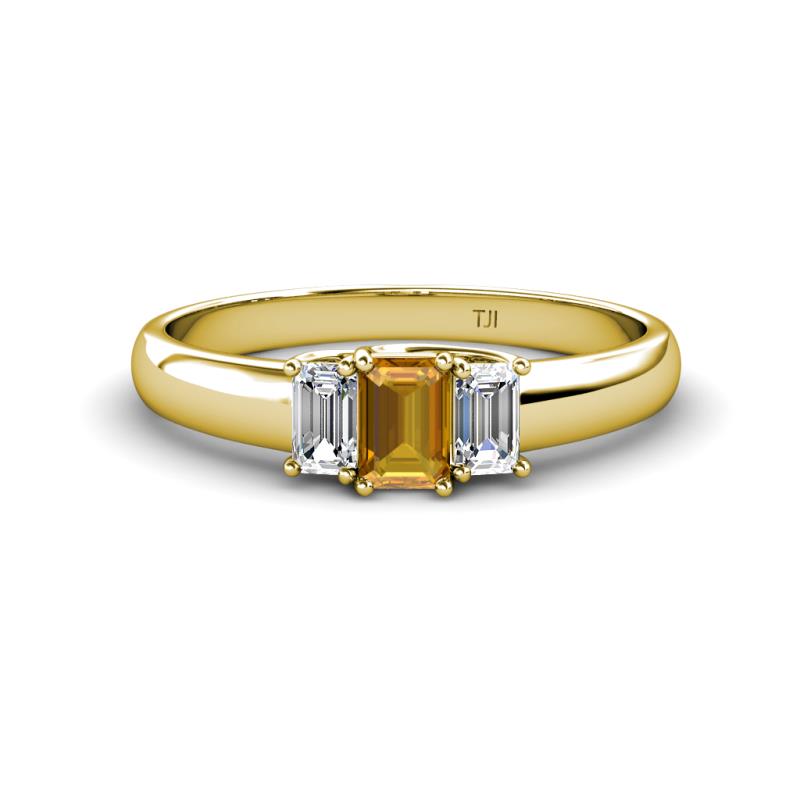 Sharon 6x4 mm Emerald Cut Citrine and Lab Grown Diamond Trellis Three Stone Engagement Ring 