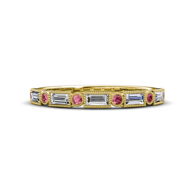 kelli Baguette Diamond and Round Rhodolite Garnet Milgrain Wedding Band 