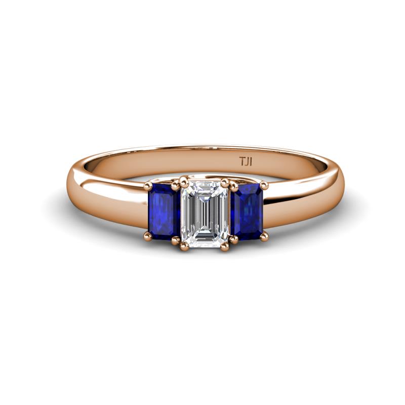 Sharon 6x4 mm Emerald Cut Diamond and Blue Sapphire Trellis Three Stone Engagement Ring 