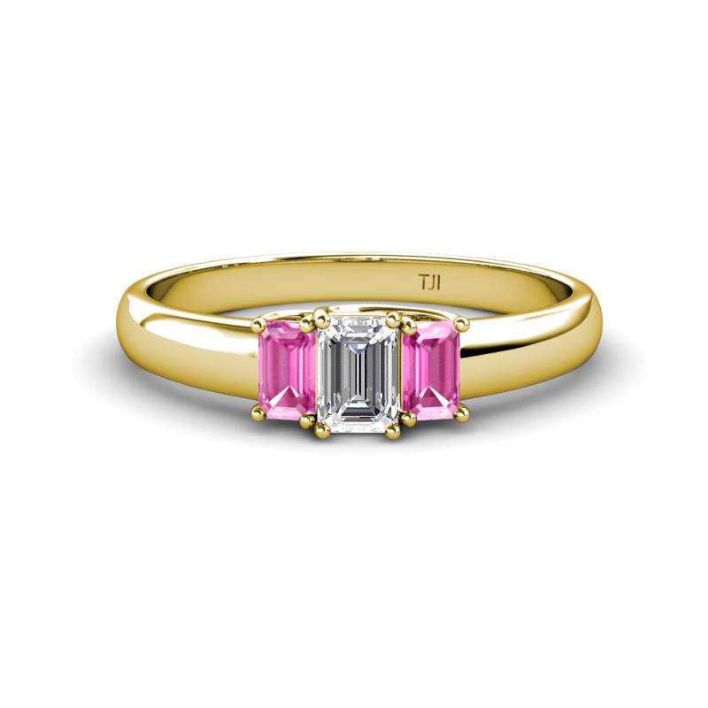 Sharon 6x4 mm Emerald Cut Diamond and Pink Sapphire Trellis Three Stone Engagement Ring 