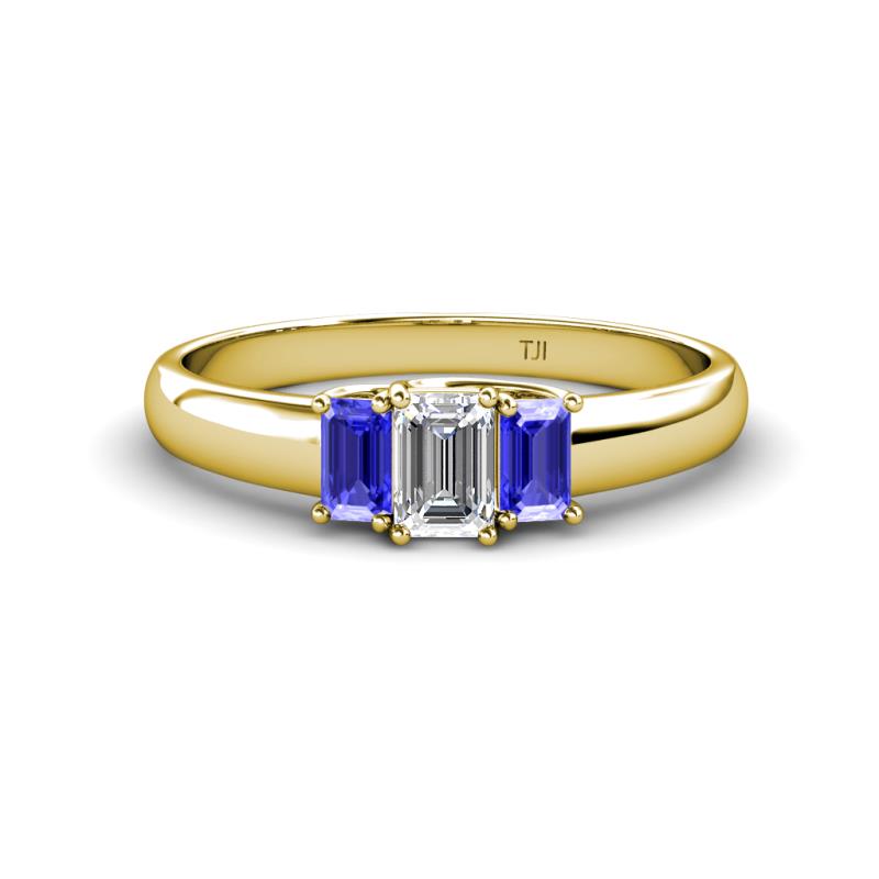 Sharon 6x4 mm Emerald Cut Diamond and Tanzanite Trellis Three Stone Engagement Ring 