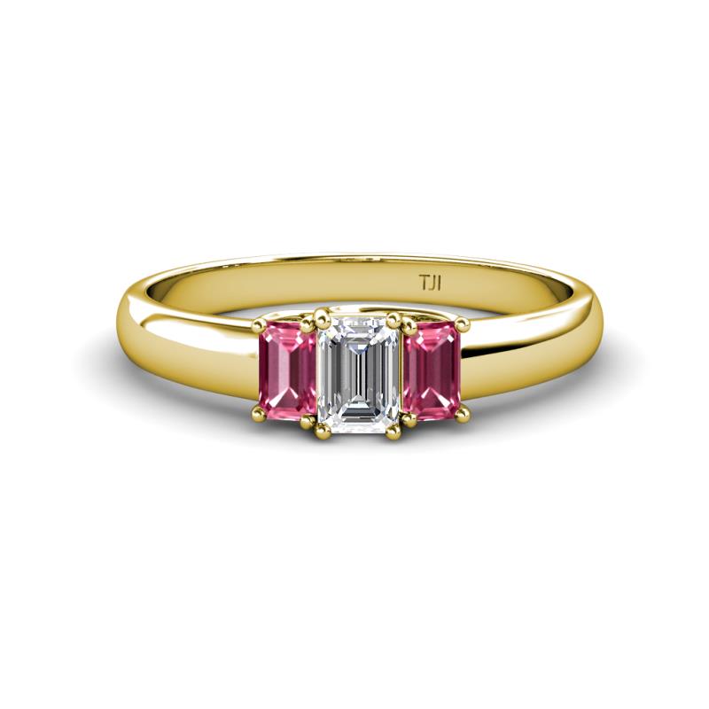 Sharon 6x4 mm Emerald Cut Diamond and Pink Tourmaline Trellis Three Stone Engagement Ring 
