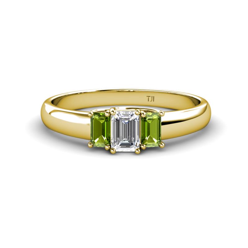 Sharon 6x4 mm Emerald Cut Diamond and Peridot Trellis Three Stone Engagement Ring 