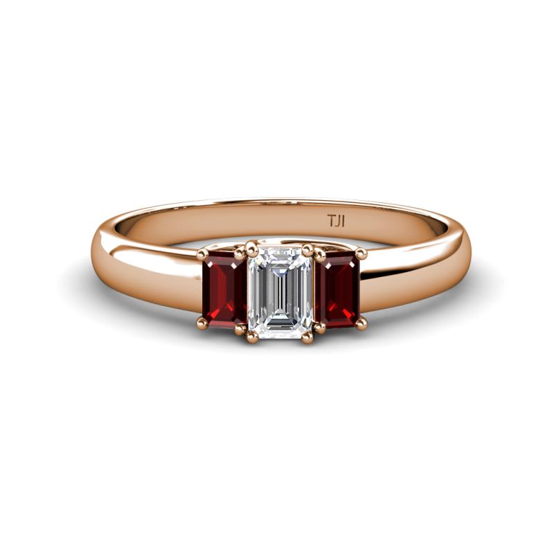 Sharon 6x4 mm Emerald Cut Diamond and Red Garnet Trellis Three Stone Engagement Ring 