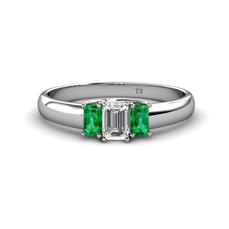 Sharon 6x4 mm Emerald Cut Diamond and Emerald Trellis Three Stone Engagement Ring 