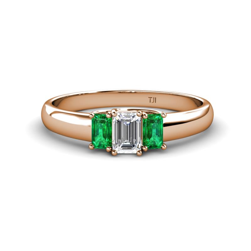Sharon 6x4 mm Emerald Cut Diamond and Emerald Trellis Three Stone Engagement Ring 