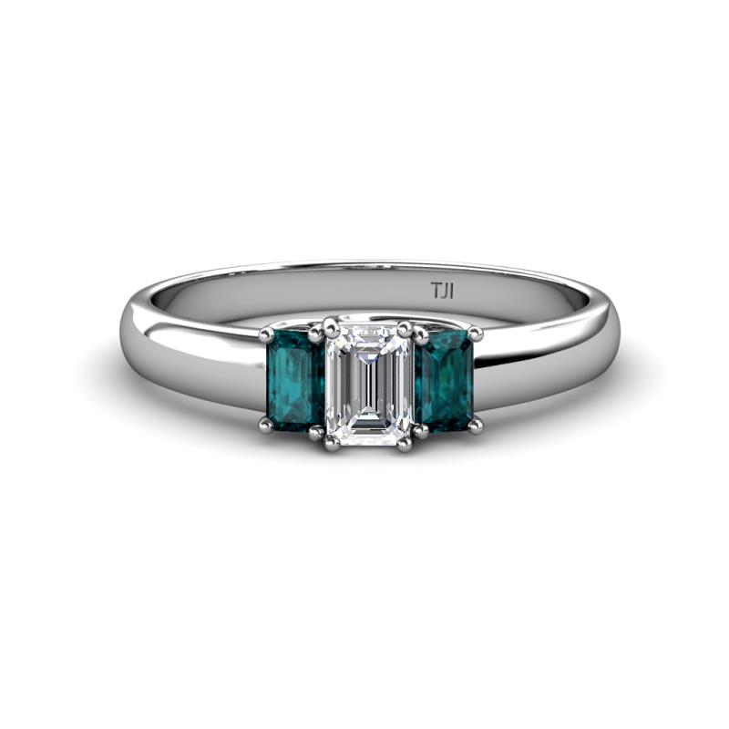 Sharon 6x4 mm Emerald Cut Diamond and London Blue Topaz Trellis Three Stone Engagement Ring 
