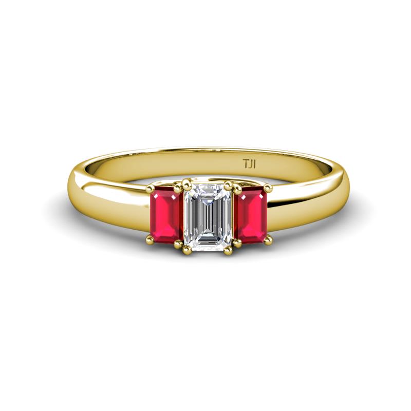 Sharon 6x4 mm Emerald Cut Diamond and Ruby Trellis Three Stone Engagement Ring 