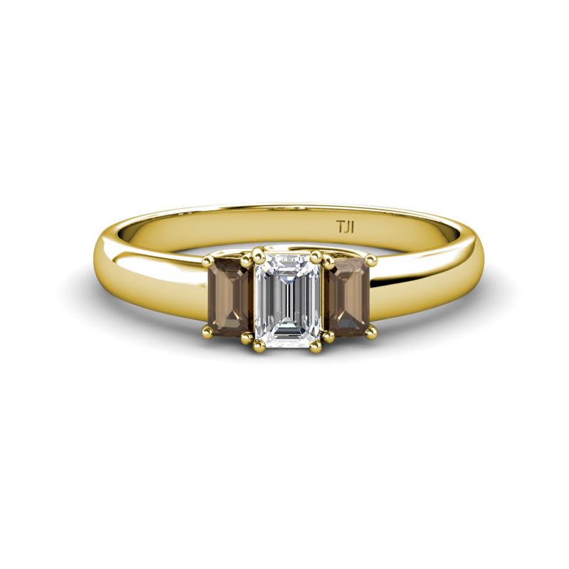 Sharon 6x4 mm Emerald Cut Diamond and Smoky Quartz Trellis Three Stone Engagement Ring 