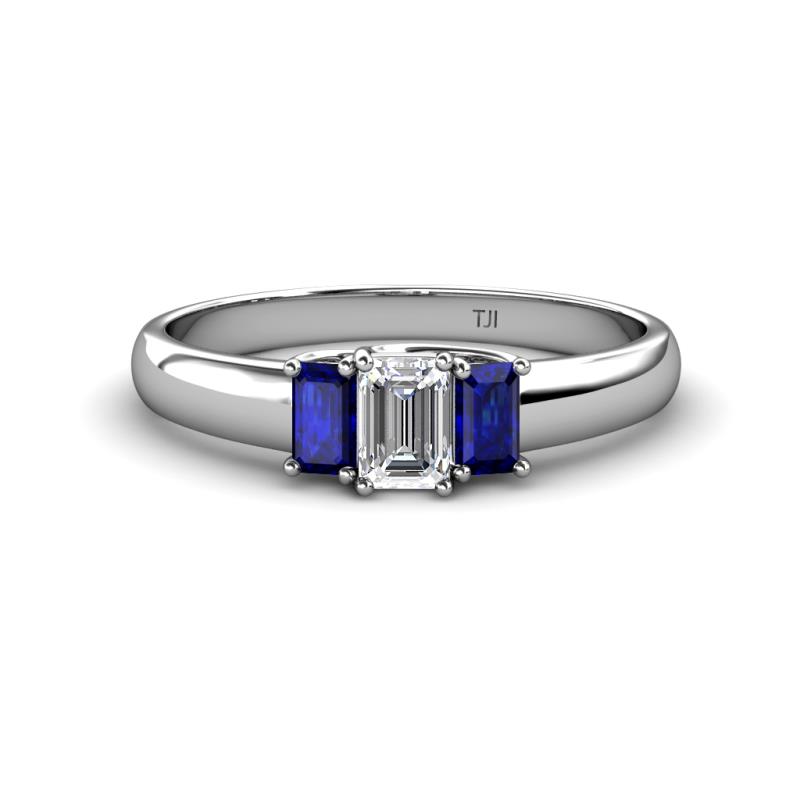 Sharon 6x4 mm Emerald Cut Diamond and Blue Sapphire Trellis Three Stone Engagement Ring 