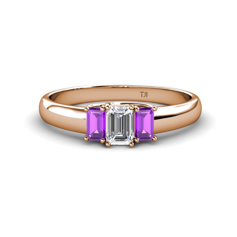 Sharon 6x4 mm Emerald Cut Diamond and Amethyst Trellis Three Stone Engagement Ring 