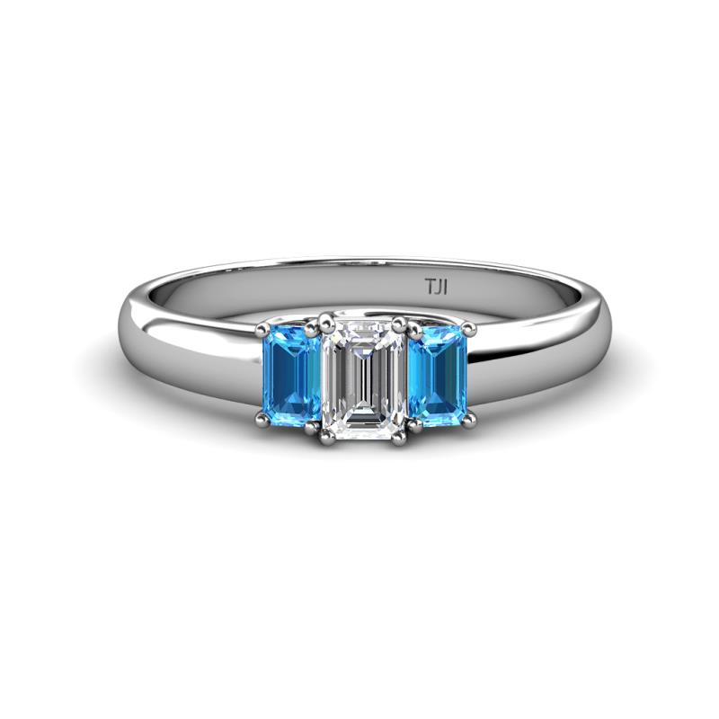Sharon 6x4 mm Emerald Cut Diamond and Blue Topaz Trellis Three Stone Engagement Ring 