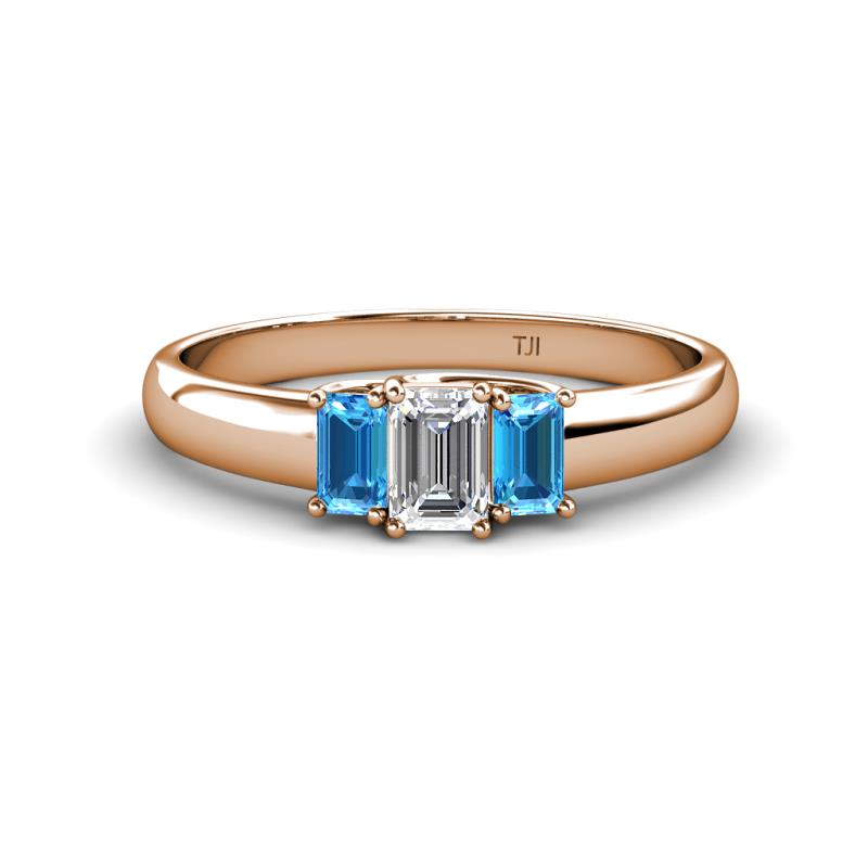 Sharon 6x4 mm Emerald Cut Diamond and Blue Topaz Trellis Three Stone Engagement Ring 