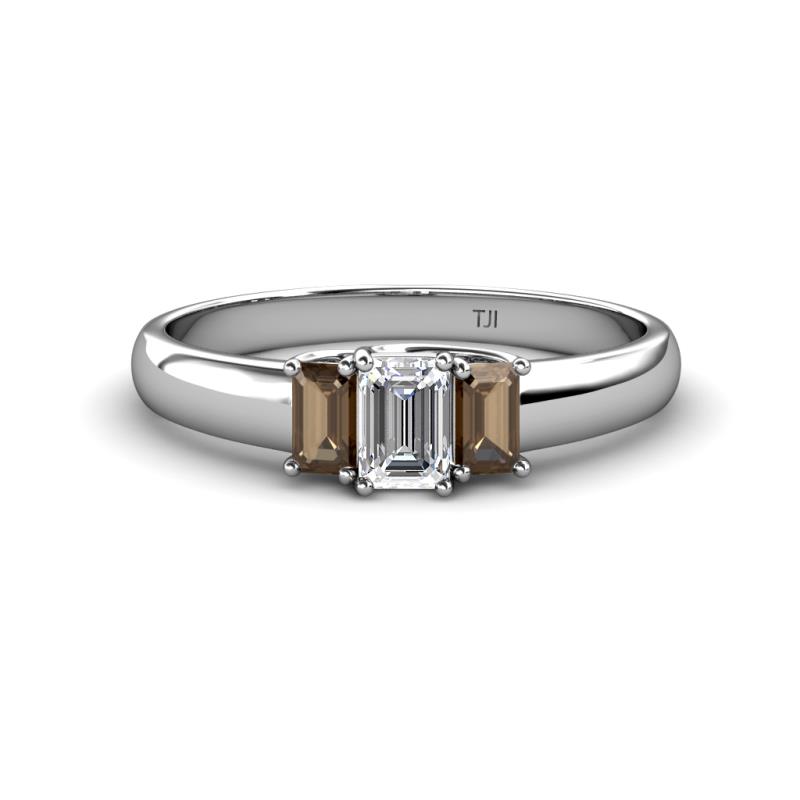 Sharon 6x4 mm Emerald Cut Diamond and Smoky Quartz Trellis Three Stone Engagement Ring 