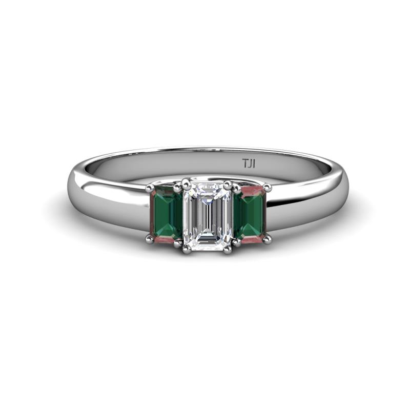 Sharon 6x4 mm Emerald Cut Lab Diamond and Created Alexandrite Trellis Three Stone Engagement Ring 