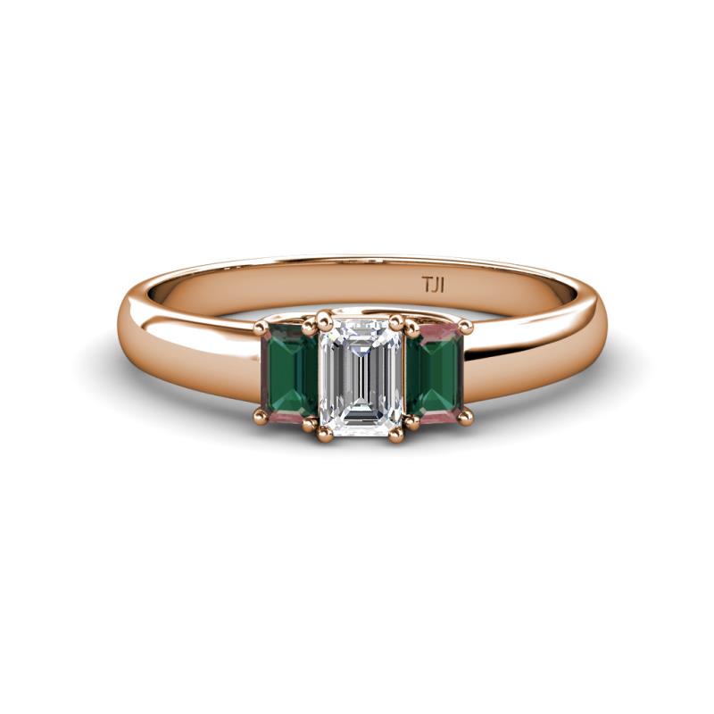 Sharon 6x4 mm Emerald Cut Lab Diamond and Created Alexandrite Trellis Three Stone Engagement Ring 