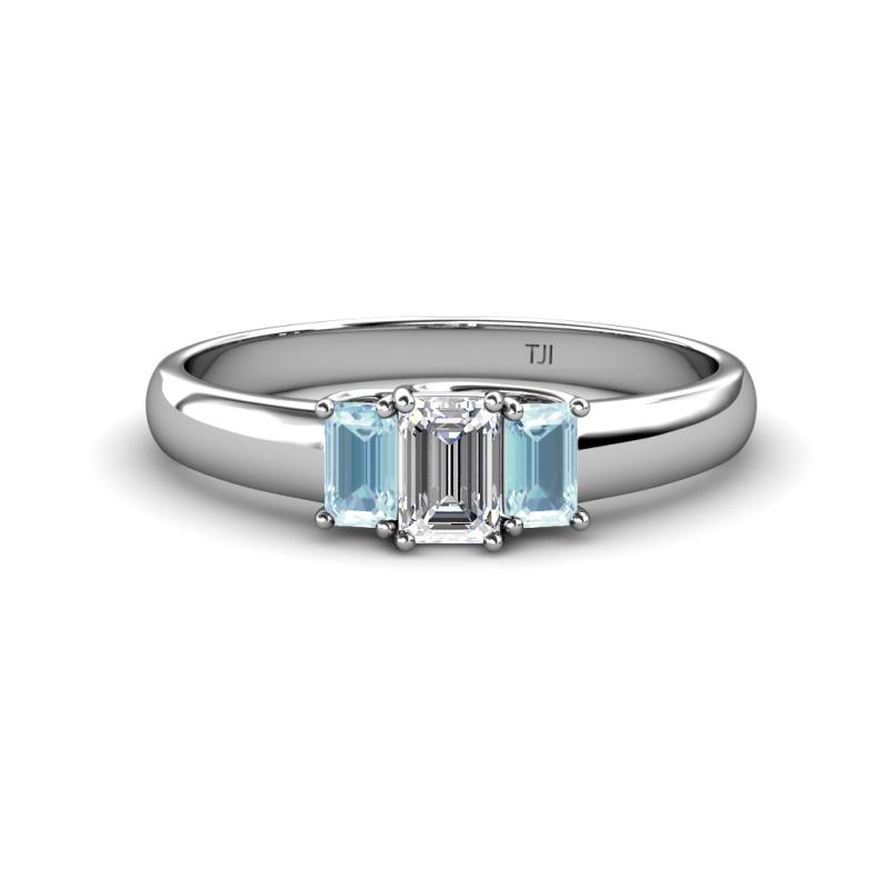 Sharon 6x4 mm Emerald Cut Diamond and Aquamarine Trellis Three Stone Engagement Ring 