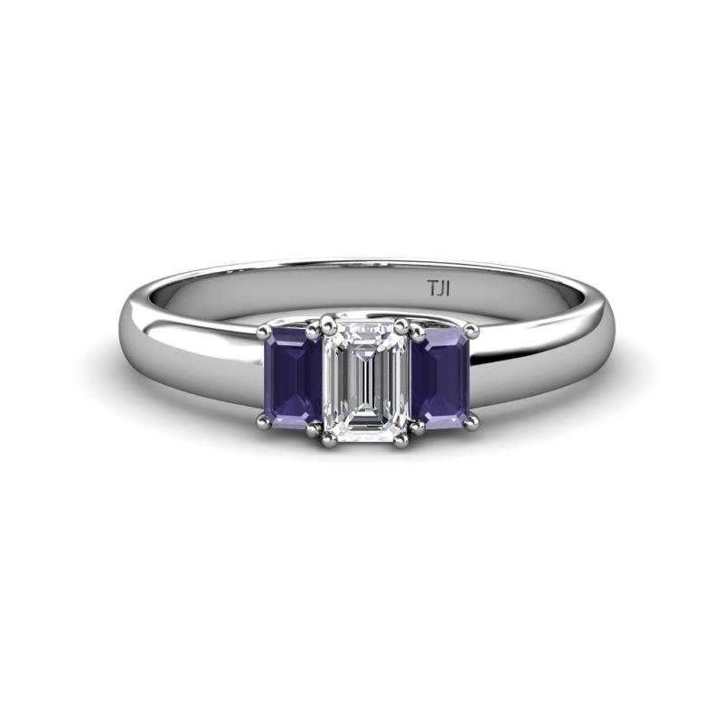 Sharon 6x4 mm Emerald Cut Diamond and Iolite Trellis Three Stone Engagement Ring 