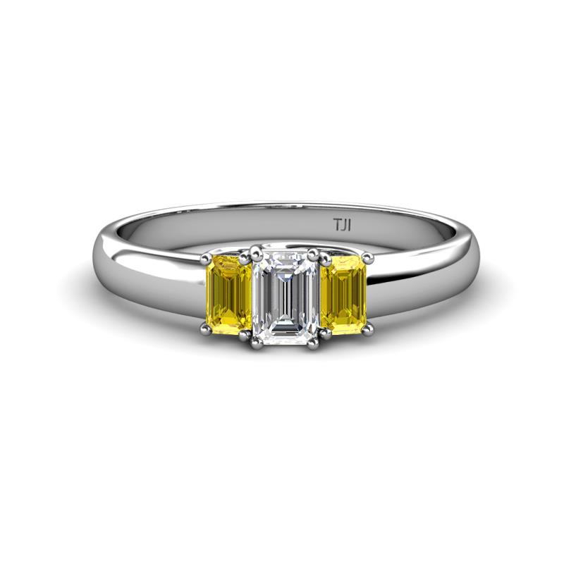 Sharon 6x4 mm Emerald Cut Diamond and Yellow Sapphire Trellis Three Stone Engagement Ring 