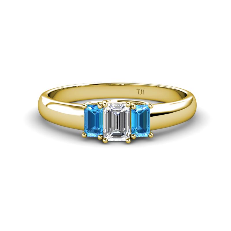 Sharon 6x4 mm Emerald Cut Diamond and Blue Topaz Trellis Three Stone Engagement Ring 