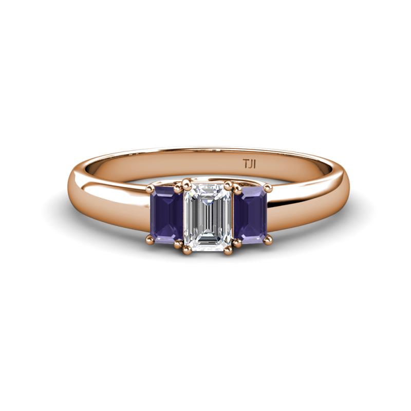Sharon 6x4 mm Emerald Cut Diamond and Iolite Trellis Three Stone Engagement Ring 