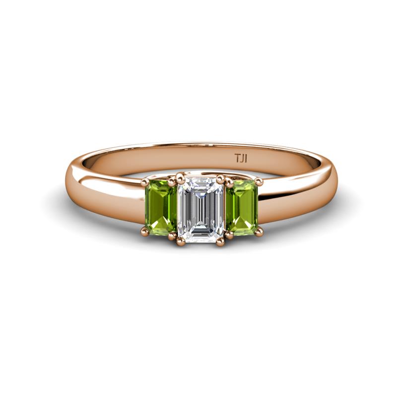 Sharon 6x4 mm Emerald Cut Diamond and Peridot Trellis Three Stone Engagement Ring 