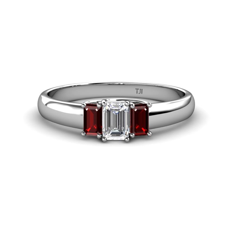 Sharon 6x4 mm Emerald Cut Diamond and Red Garnet Trellis Three Stone Engagement Ring 