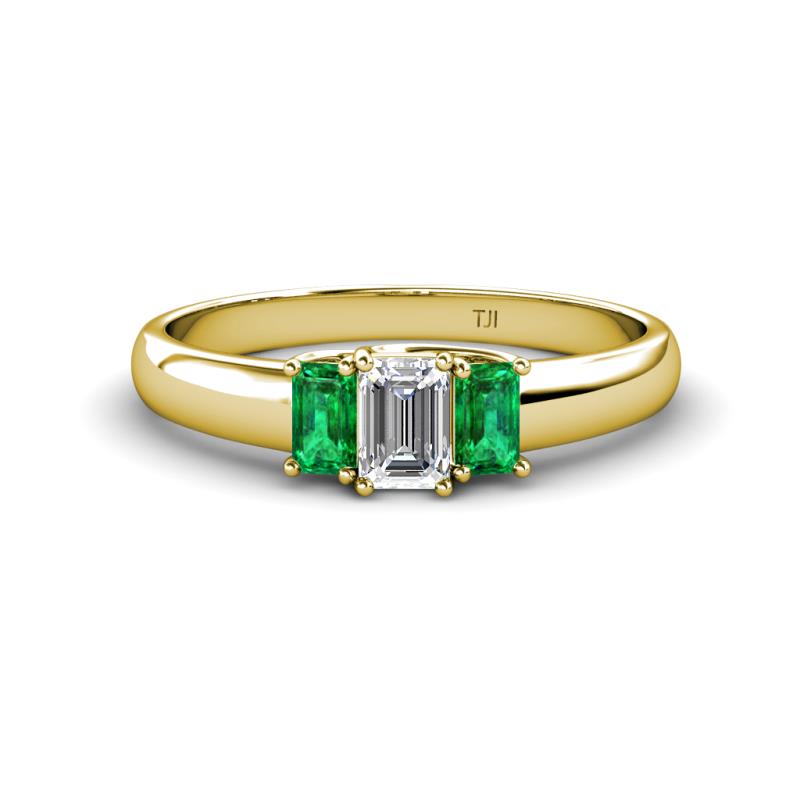 Sharon 6x4 mm Emerald Cut Diamond and Emerald Trellis Three Stone Engagement Ring 