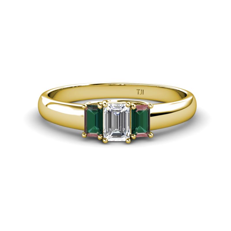 Sharon 6x4 mm Emerald Cut Lab Diamond and Created Alexandrite Trellis Three Stone Engagement Ring 