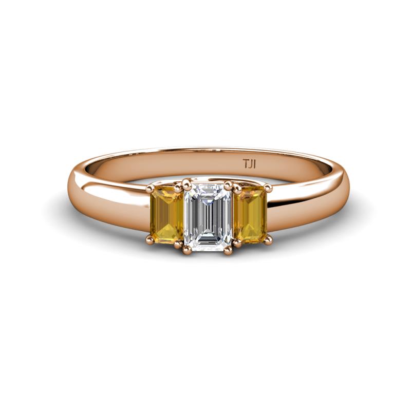 Sharon 6x4 mm Emerald Cut Lab Grown Diamond and Citrine Trellis Three Stone Engagement Ring 