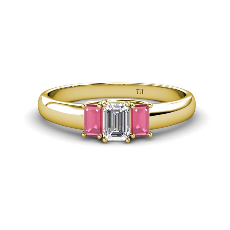 Sharon 6x4 mm Emerald Cut Lab Grown Diamond and Rhodolite Garnet Trellis Three Stone Engagement Ring 