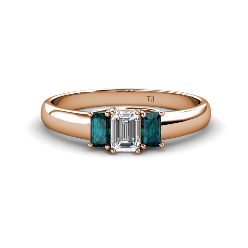 Sharon 6x4 mm Emerald Cut Lab Grown Diamond and London Blue Topaz Trellis Three Stone Engagement Ring 