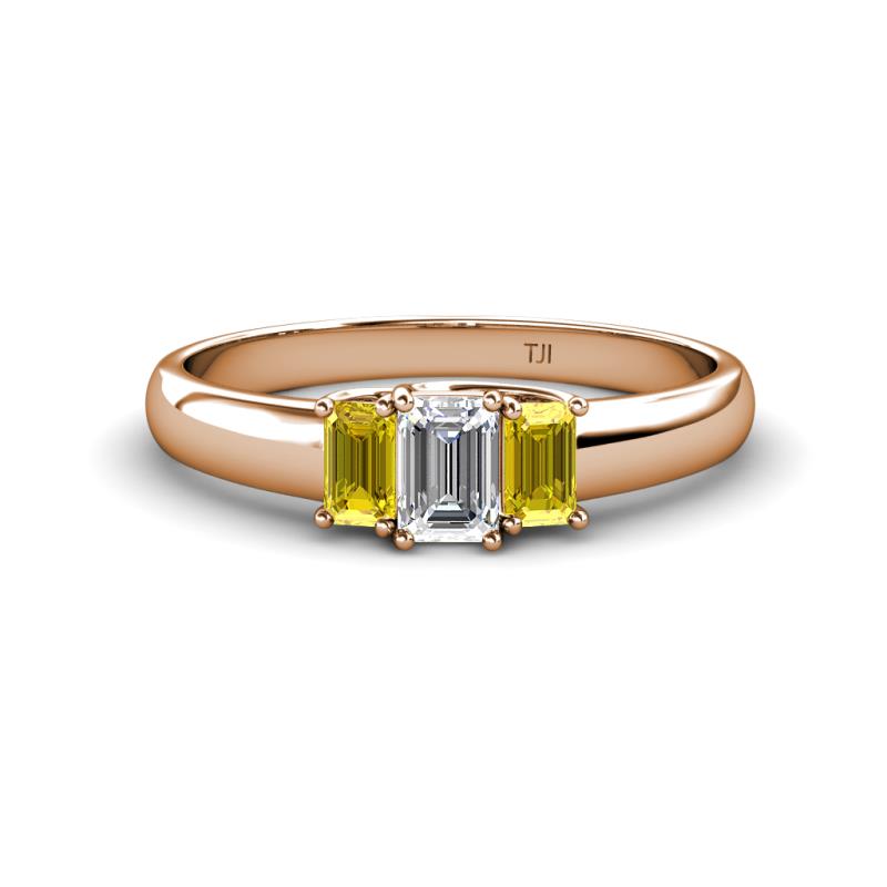 Sharon 6x4 mm Emerald Cut Lab Grown Diamond and Yellow Sapphire Trellis Three Stone Engagement Ring 