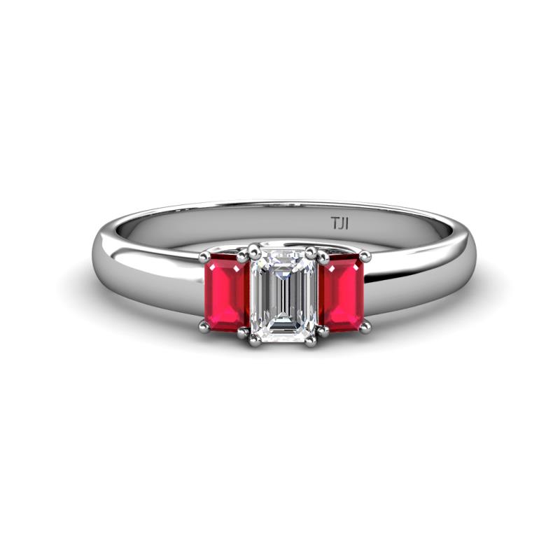 Sharon 6x4 mm Emerald Cut Lab Grown Diamond and Ruby Trellis Three Stone Engagement Ring 