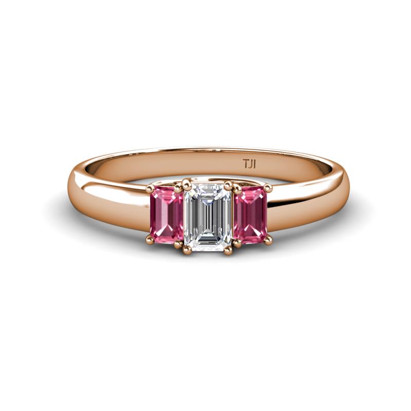 Sharon 6x4 mm Emerald Cut Lab Grown Diamond and Pink Tourmaline Trellis Three Stone Engagement Ring 