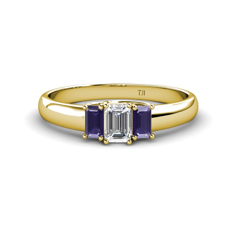 Sharon 6x4 mm Emerald Cut Lab Grown Diamond and Iolite Trellis Three Stone Engagement Ring 