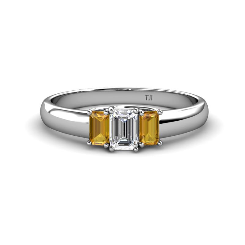 Sharon 6x4 mm Emerald Cut Lab Grown Diamond and Citrine Trellis Three Stone Engagement Ring 