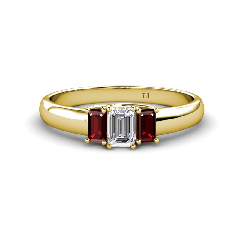 Sharon 6x4 mm Emerald Cut Lab Grown Diamond and Red Garnet Trellis Three Stone Engagement Ring 