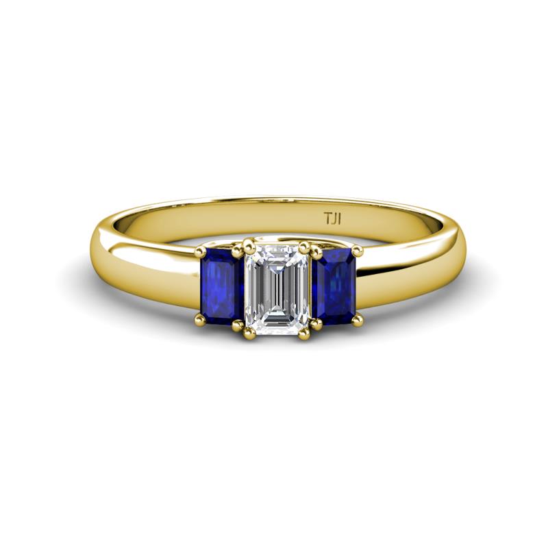 Sharon 6x4 mm Emerald Cut Lab Grown Diamond and Blue Sapphire Trellis Three Stone Engagement Ring 